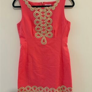 Lilly Pulitzer Adelson Coral-Pink Mini Sheath Dress with Gold Embroidered trim